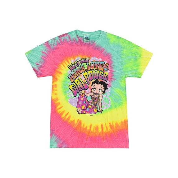 Wild Bobby Betty Boop Peace, Love and Girl Power Betty Boop Tie-Dye T-Shirt, Minty Rainbow, Small