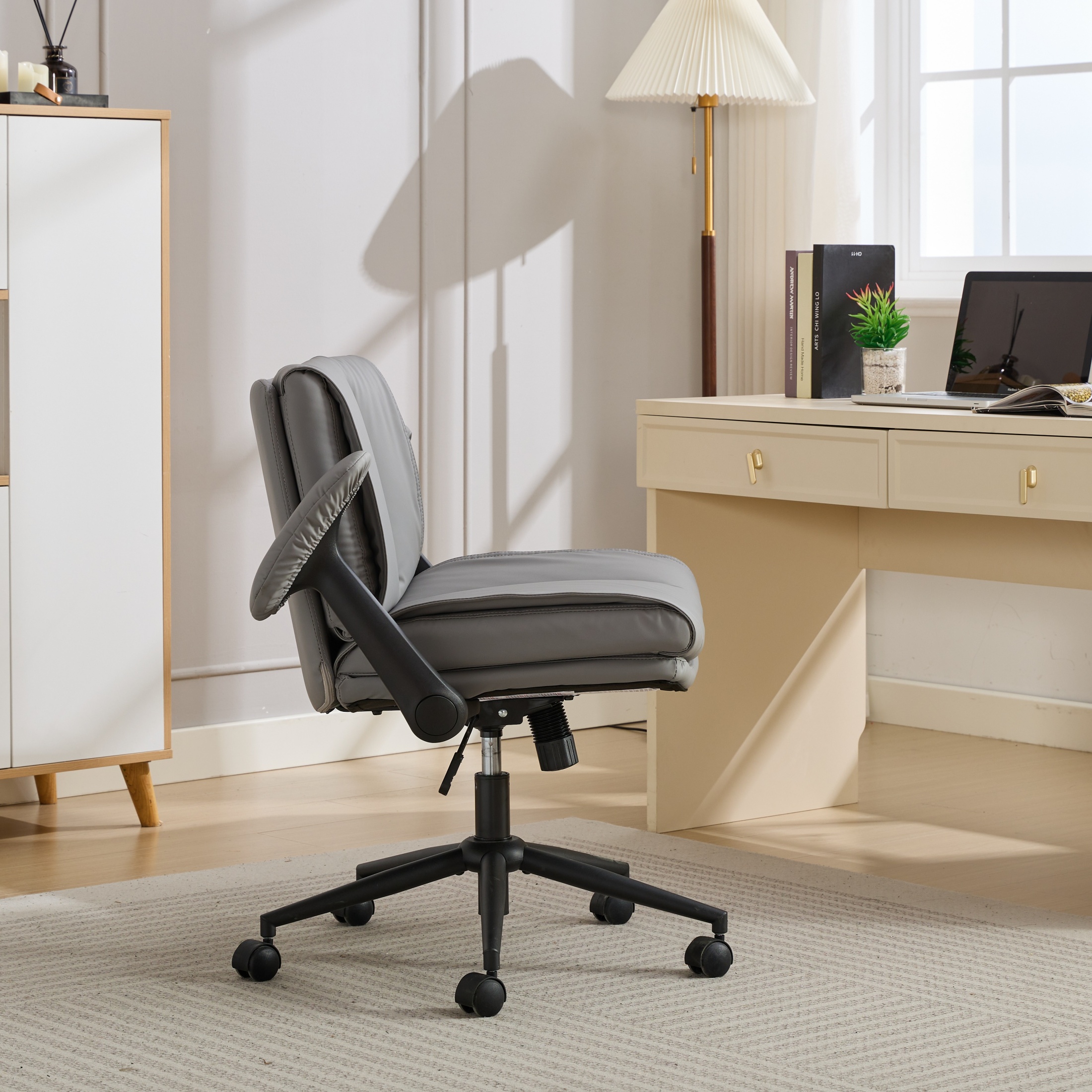 Cross Legged Chair with Flip-Up Armrests Leather, Cross Legged Office Chair on Wheels, Comfy Swivel Chair with Wide Seat for Home Office, Vanity,  Ergonomic Desk Chair Adjustable, Grey