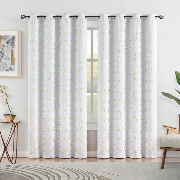 Junvictex White Blackout Curtain for Bedroom Gold Foil Moroccan Metallic Print,Grommet Top,52"Wx84"L,2 Panels