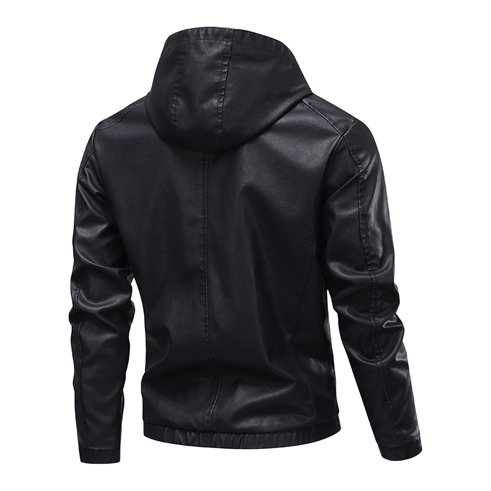 HOOMEUMY Men's Hooded Leather Jacket Long Sleeve Full Zip Leather Jackets Casual Full Zip Motorcycle jacket (Black,M）