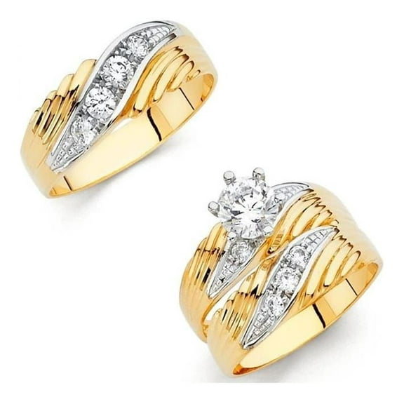 14k Two Tone Gold Wave Design 1.75 ct CZ Wedding Band Ring Trio Set