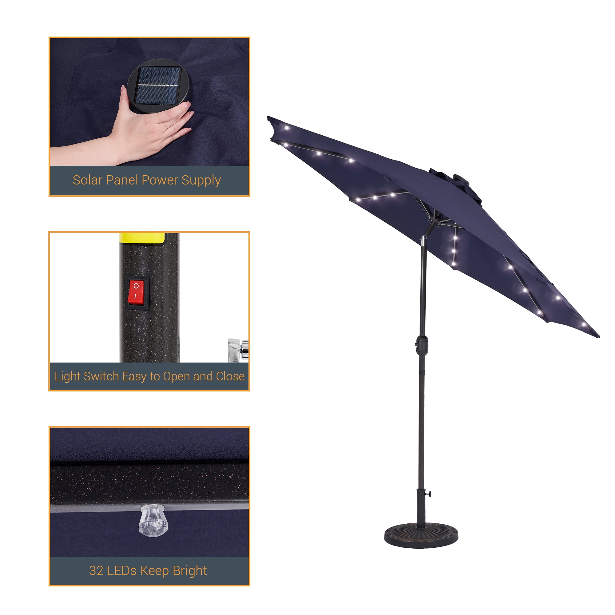 CHYVARY Outdoor LED 9Ft Patio Table Umbrellas with Solar Lights and Tile Button for Garden, Deck and Poolside,Navy Blue