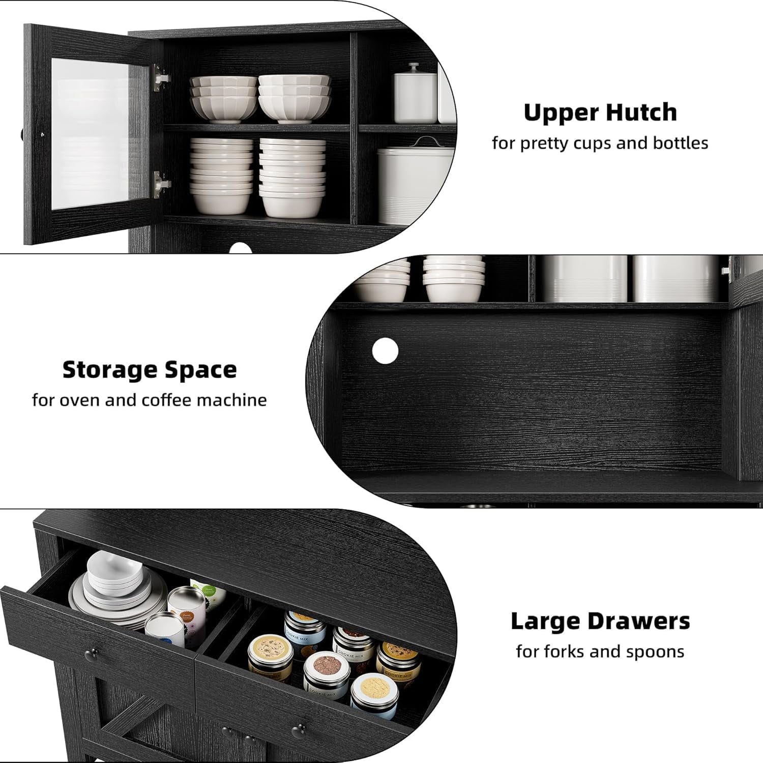 Your Perfect Find Versatile Kitchen Food Cabinet with Microwave Stand – Freestanding Storage Cabinet with Drawers and Adjustable Shelves, Perfect for Dining Rooms and Buffets, Black Finish