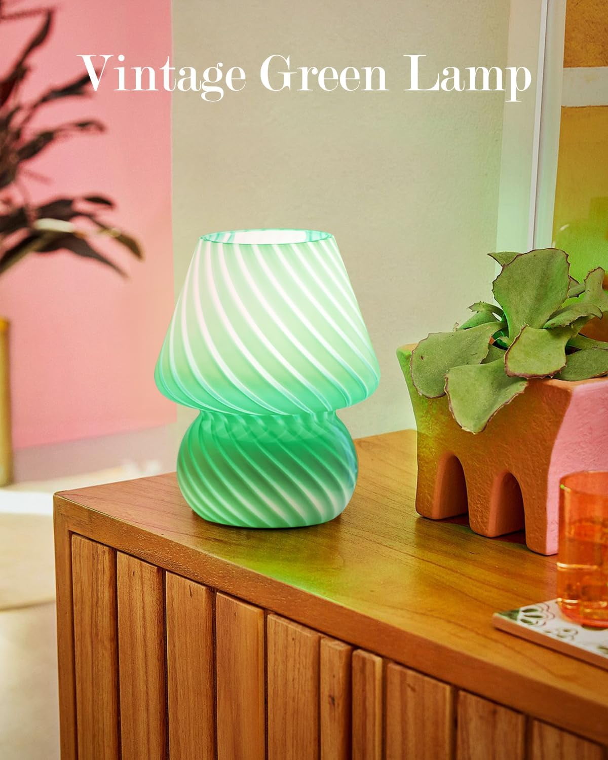 Mushroom Lamp, Small Bedside Lamp with Striped Glass, Nightstand Lamp for Bedroom Living Room, Home Decor, Gift, Green Striped