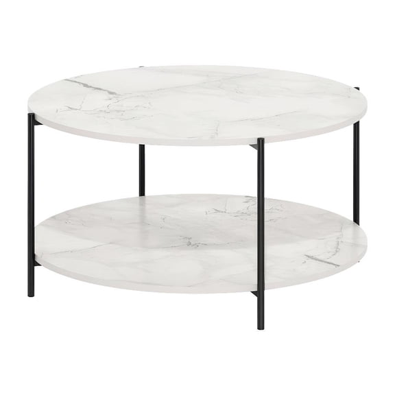 Light Marble 2-Tier Round Coffee Table with Storage Shelf and Metal Legs