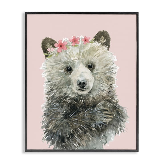 Stupell Industries Cottage Fuzzy Bear with Floral Crown Black Framed Giclee Art, 11 x 14, by Carol Robinson
