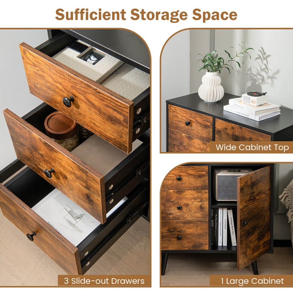 Finihen Storage Cabinet, Mid-Century Wood Storage Cabinet with Door and 3 Drawers, Cabinet for Living Room, Home, Office, Entryway, Brown