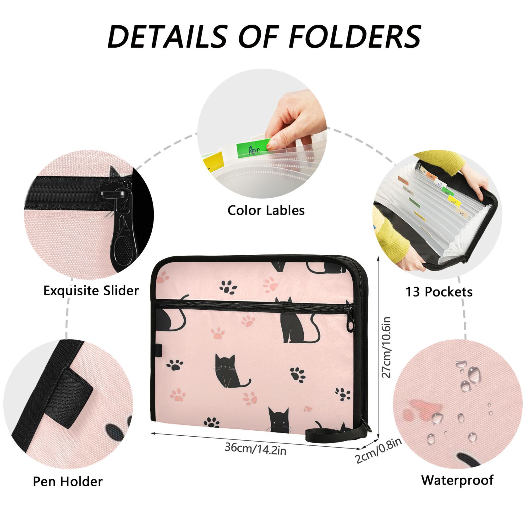 Accordion File Organizer with Zip Closure 13 Pockets Expanding File Folder Letter A4 Paper Document Organizer for Home Office Black Cat and Cat's Paw