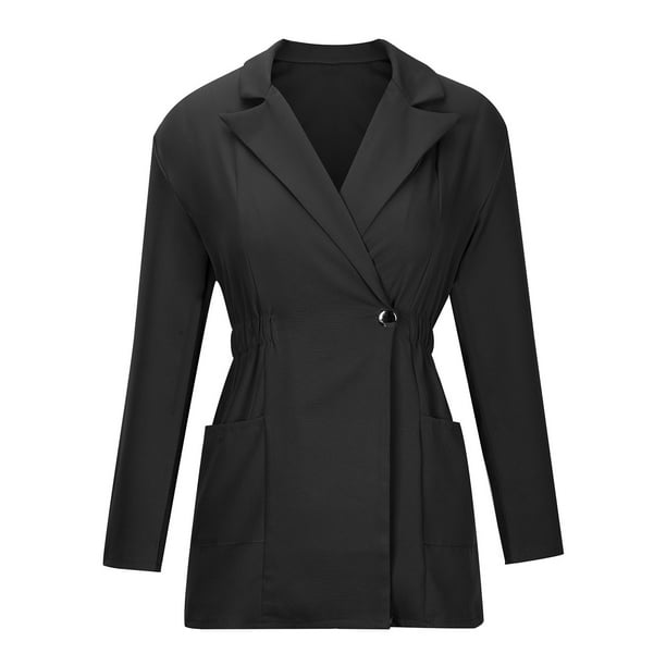 Women Formal Solid Long Blazer Coats Double Breasted Turn Collar Gold  Button Blazer Office Lady Blazers