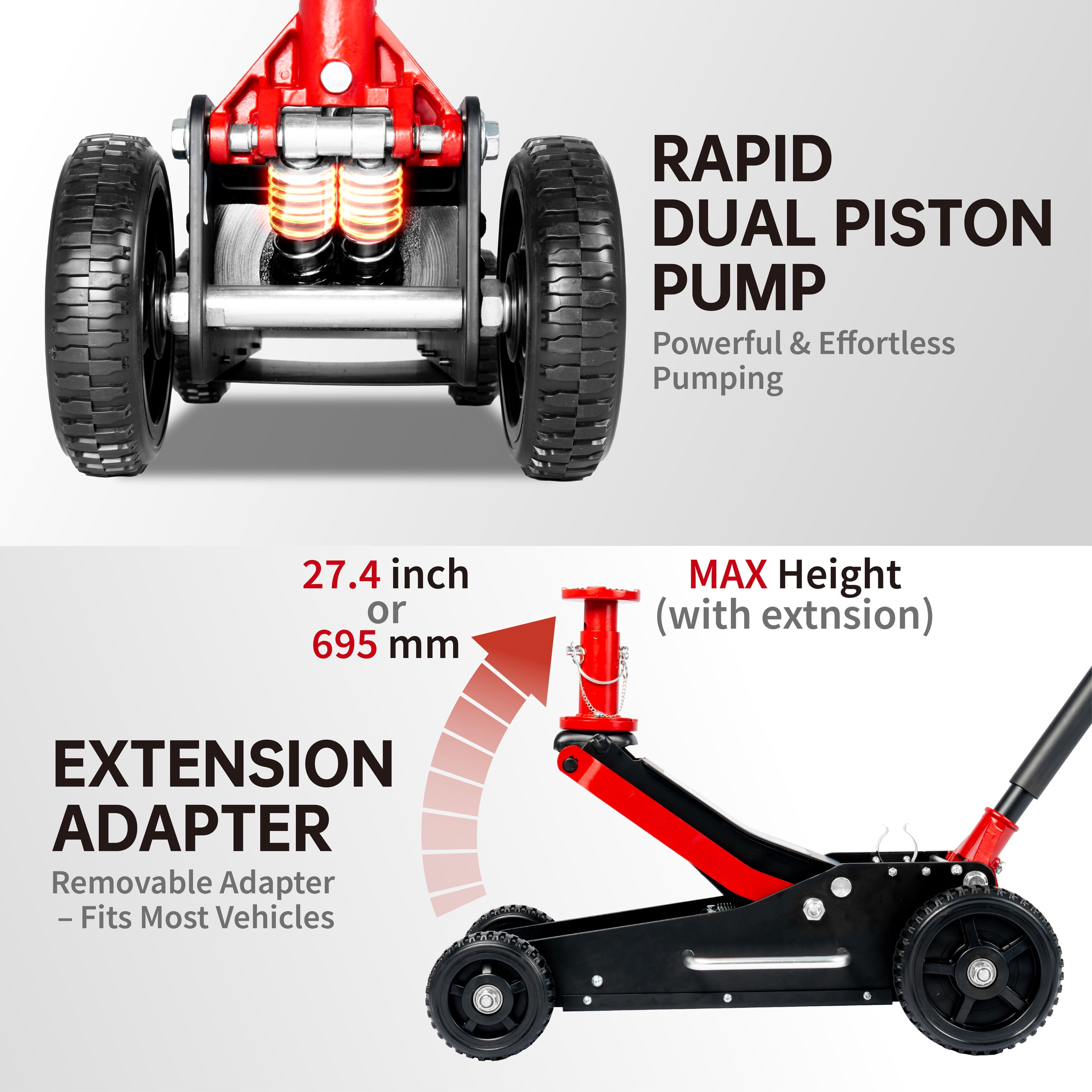 3 Ton (6600 lbs.) Big Wheel Dual Pistons Heavy-Duty Steel Construction Off-Road Jack, Hydraulic Car Jack with Extra Saddle