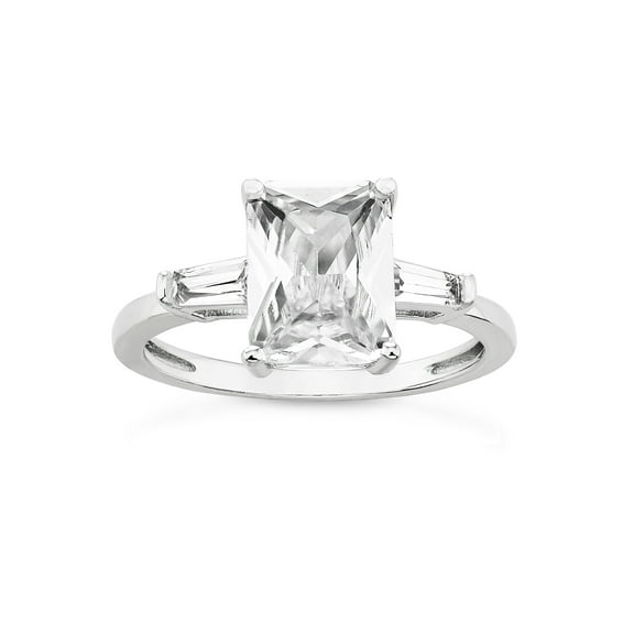 Emerald Cut White Cubic Zirconia Three Stone Ring in Sterling Silver