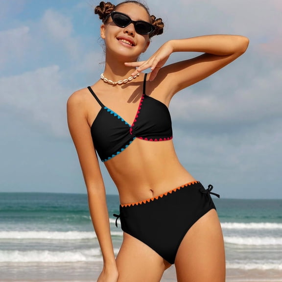 Swimsuits for Girls 2 Piece V Neck Classic Cute Bikini Sets Top and Bottom Pure Color Bathing Suit Black1 Size 9-10 Y