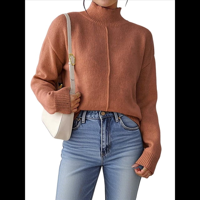 Suéteres de Otoño para Mujer, Jersey de Punto Acanalado de Larga, Holgado, con Cuello Alto, Ligero y Casual Café L