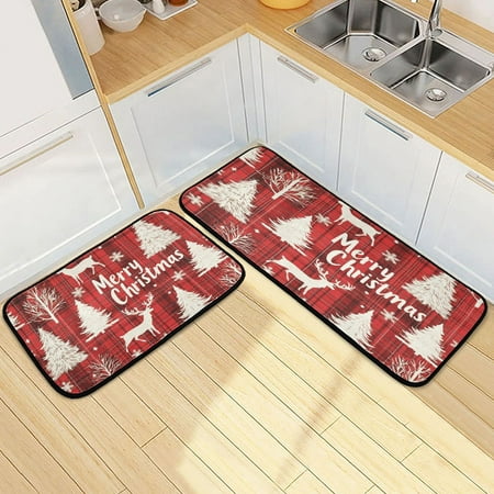 

Kitchen Rugs and Mats【2 PCS】Non Skid Design Reindeer and Tree Pattern Creative Kitchen Mat