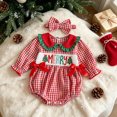 thumbnail image 2 of Pandaie Toddler Girls Christmas Gingham Long Sleeve Bubble Romper Plaid Bow Headband Winter Holiday Infant Outfit Set Red,6-12 Months, 2 of 7