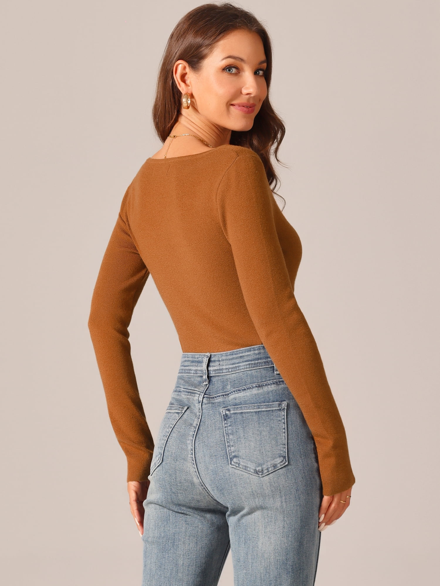 DARING DIVA Square Neck Sweater Bodysuit Blouse Tops L Brown