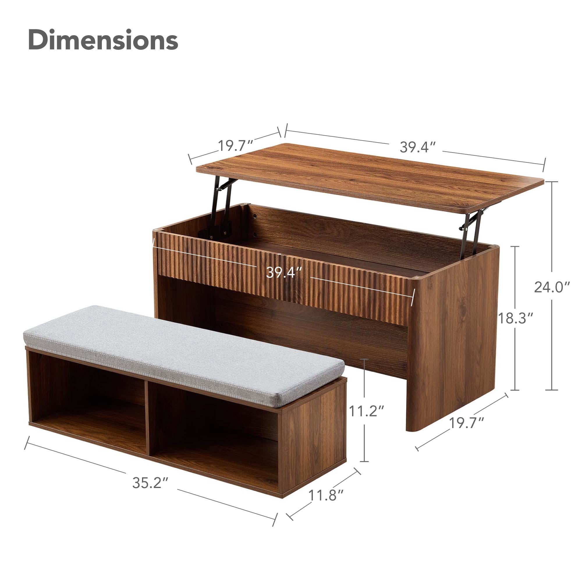 Spruce & Spring 39" Lift Top Coffee Table with Nesting Bench & Storage, Fluted Wood Design, 4-in-1 Convertible Center Table for Living Room & Small Spaces, Walnut