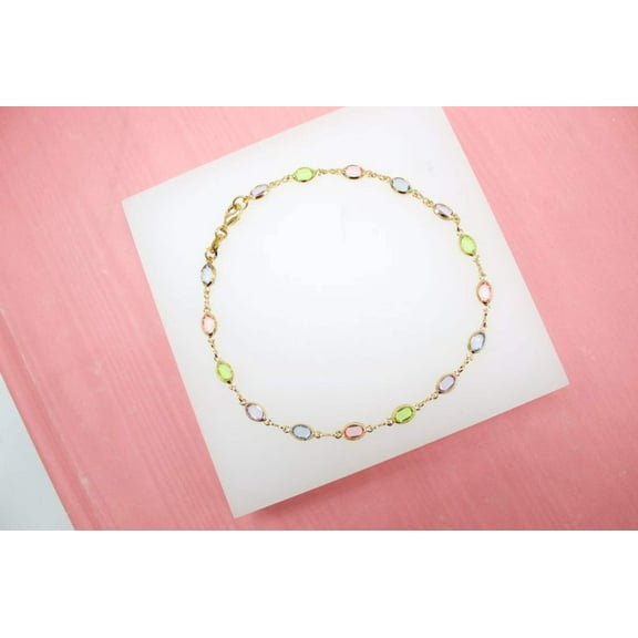 x - 18K Gold Filled Anklet With Oval Multi Color CZ Cubic Zirconia Stones (E80)