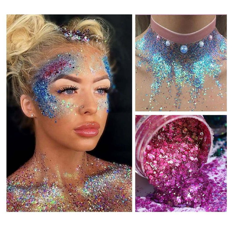MEICOLY White Body Glitter,Singer Concerts Music Festival Rave  Accessories,Mermaid Face Glitter Gel,Sequins Glitter Face Paint,Chunky  Glitter for Eye Lip Hair,S…