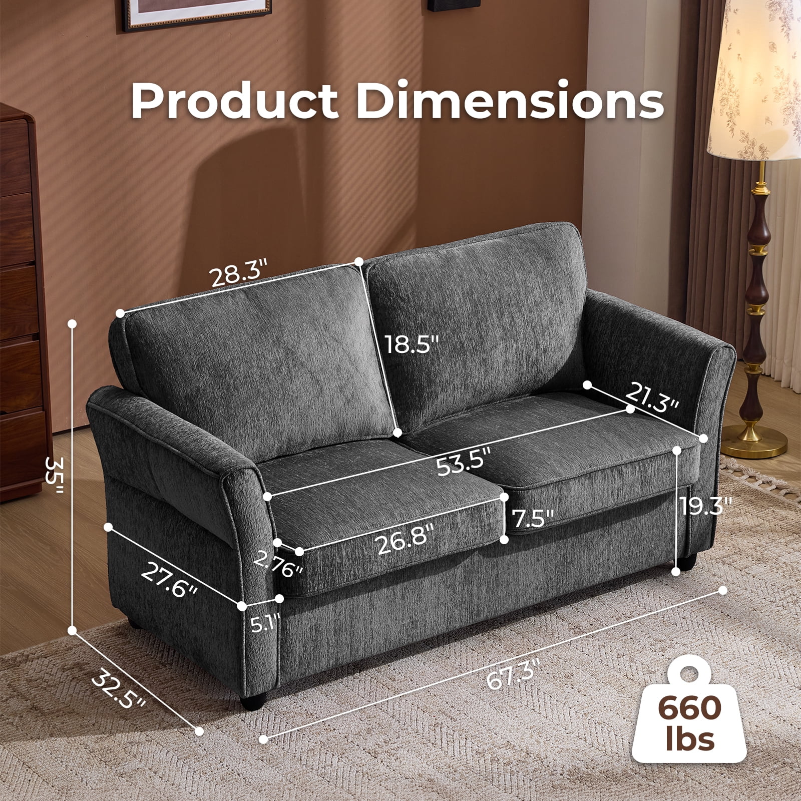Ktaxon 68" Loveseat Sofa, 2-Seater Chenille Fabric Couch, Compact Sofa for Living Room, Bedroom, Apartment, Small Places Dark Gray