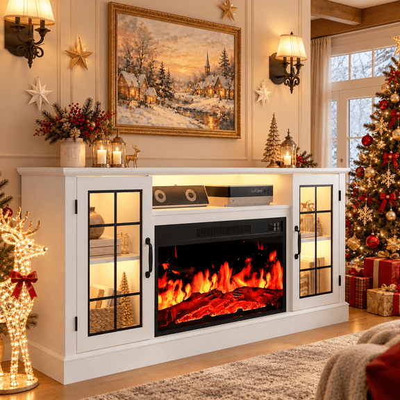 HSUNNS 63" Fireplace TV Stand for TVs up to 70" with 32" Electric Fireplace, Console Entertainment Center Television Table with LED for Living Room or Bedroom, White
