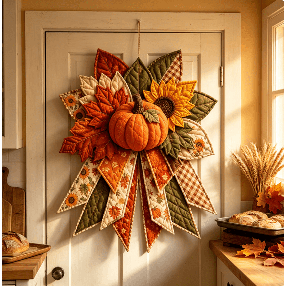 1pc,Thanksgiving Door Decor, DIY Quilted Door Bow Kit, Farmhouse Fabric Wreath with Patchwork Design, Autumn Front Door Decorations