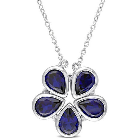Tangelo 5-3/4 Carat T.G.W. Created Blue Sapphire Sterling Silver Two-in-One Teardrop Flower Necklace, 17