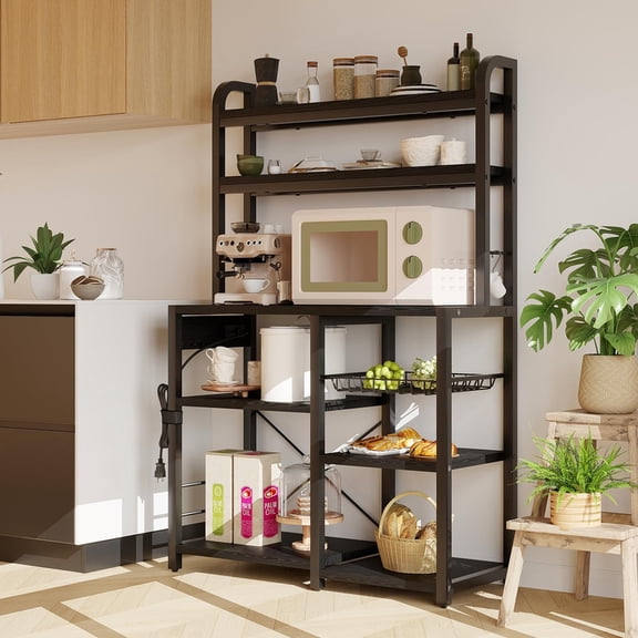 TROPOW Bakers Rack with Power Outlet, 35.4 Inches Coffee Bar with Wire Basket, Kitchen Microwave Stand with Open Storage Shelves for Kitchen Office Garage