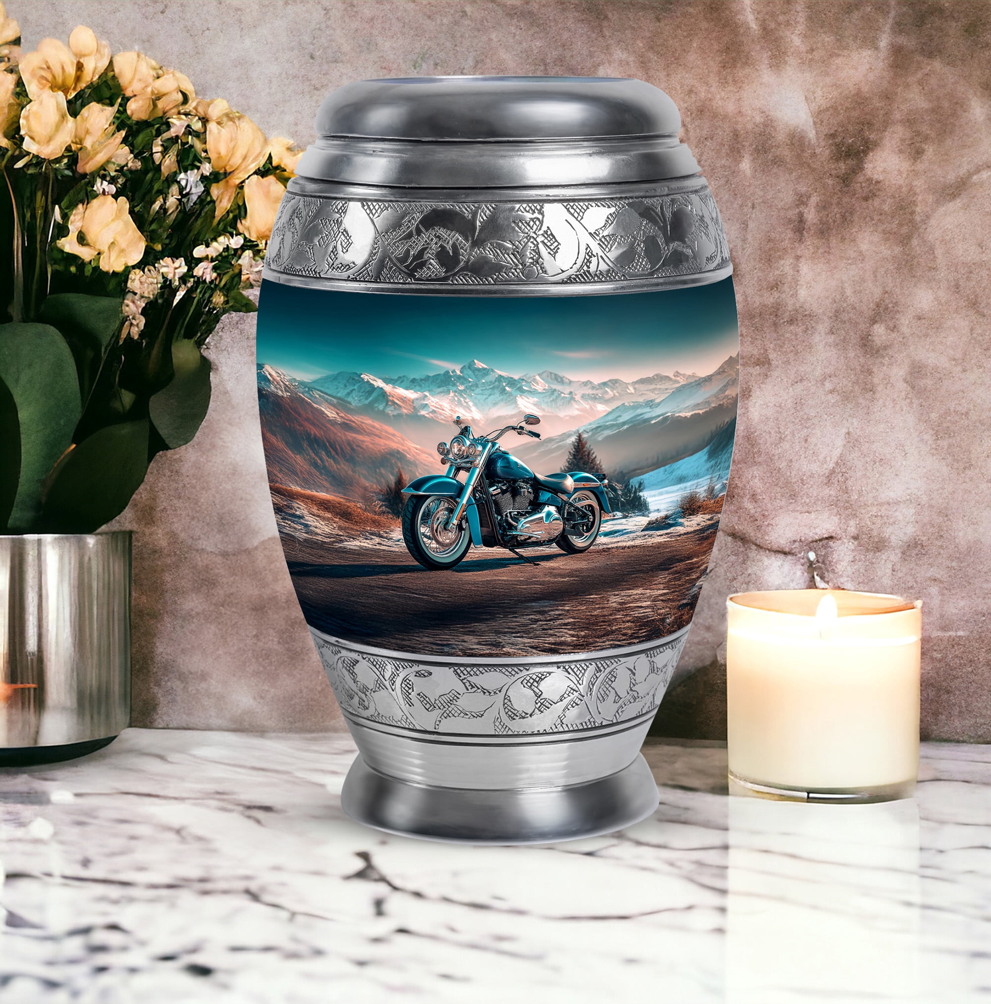 Bike Funeral Urns For Human Ashes Adult Man, Mountain Decorative Urn For Adult Male And Female - 1 Large 10 Inch, Blue Cremation For Mother And Father- 3 Inch Small Set Of 4