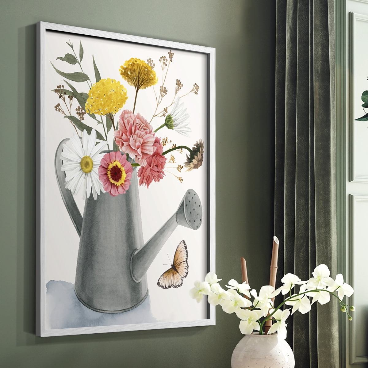 Watering Can Bouquet II Framed Print in White Solid Wood 8 x 10 Framed Print