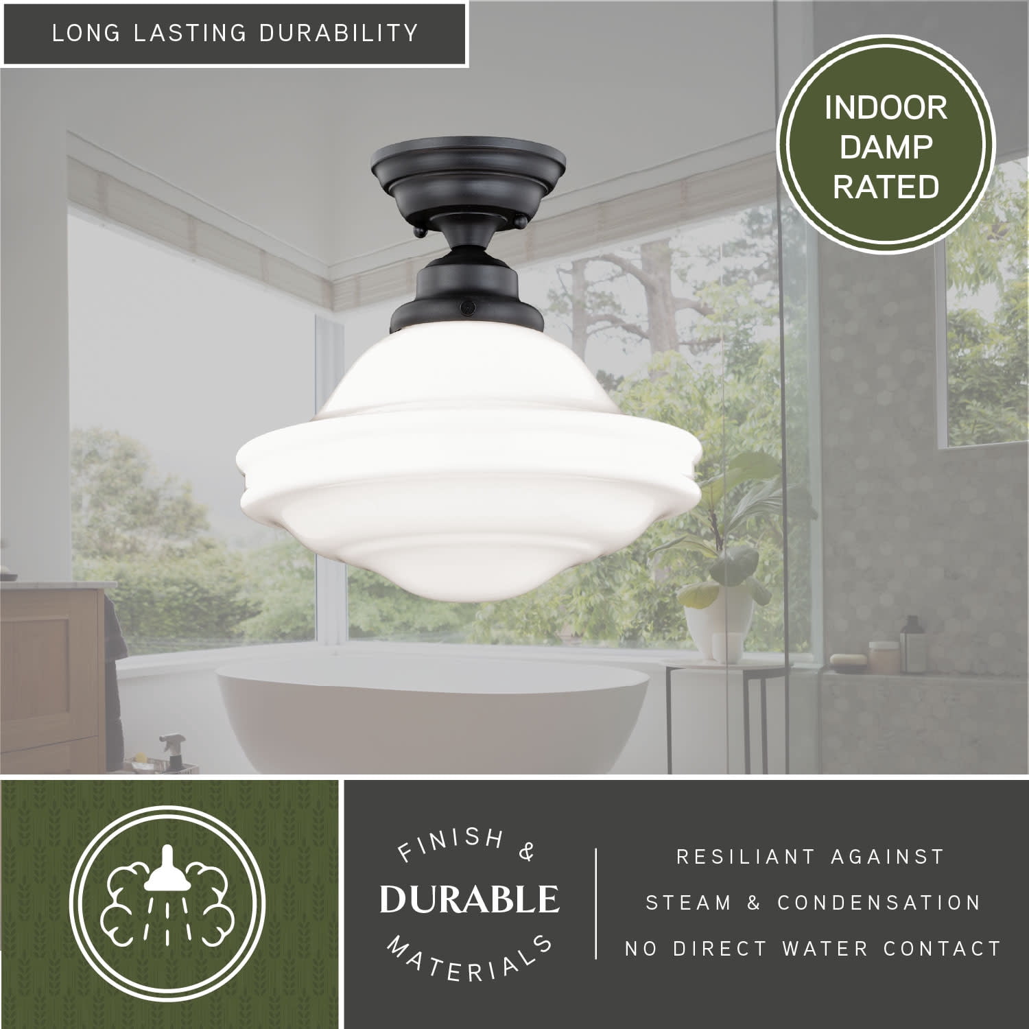 Huntley 12-in W Bronze Farmhouse Schoolhouse Semi Flush Mount Ceiling Light White Glass