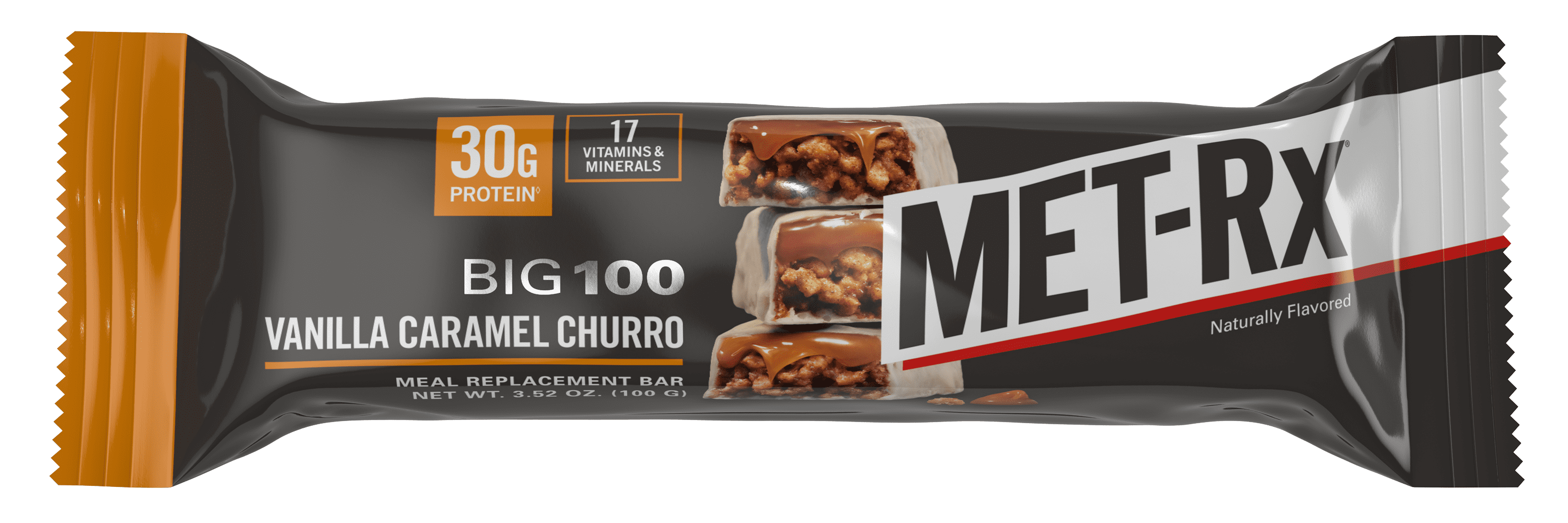 MET-Rx Big 100 Protein Bars, Vanilla Caramel Churro Bars, 30g Protein, 4 Ct