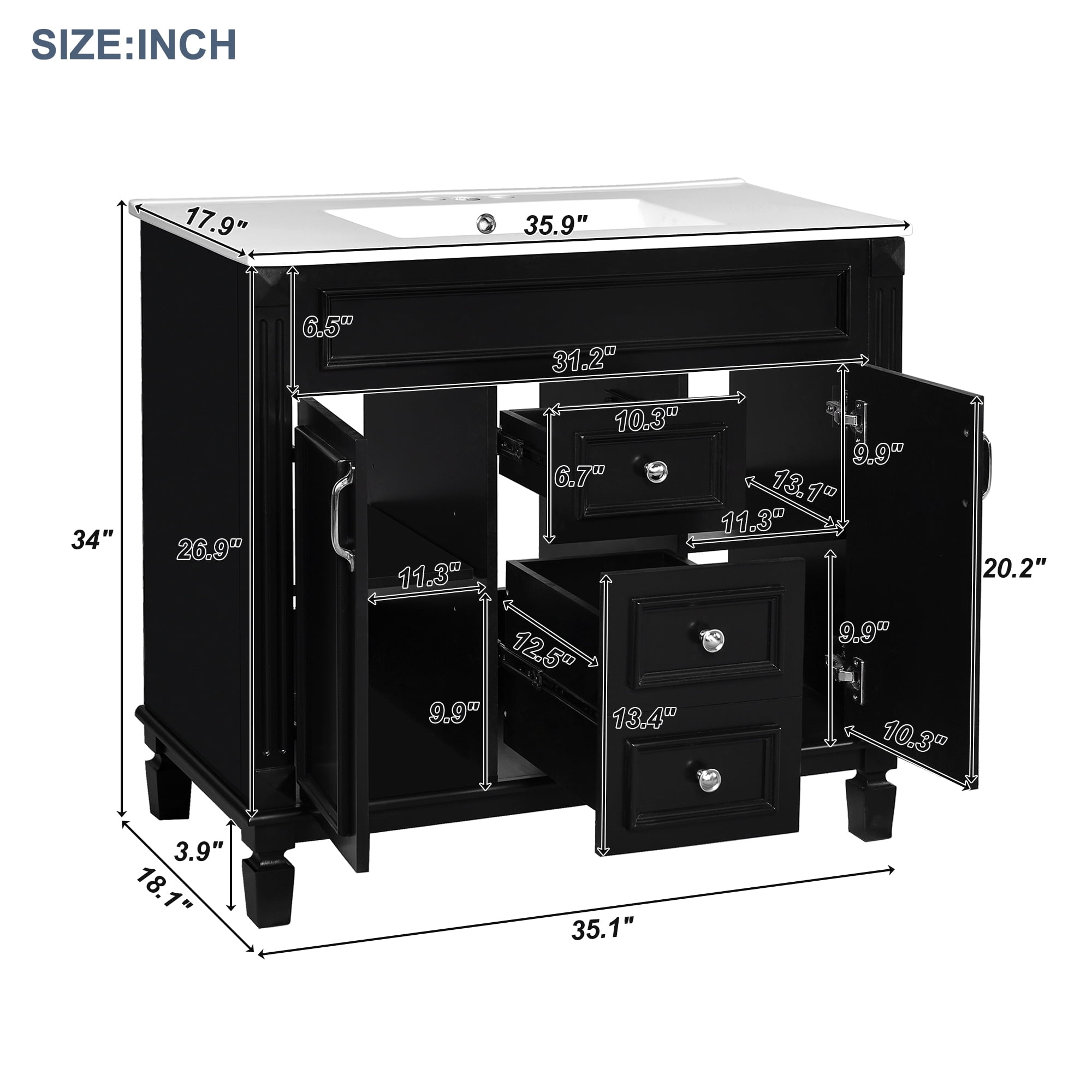 Euroco Modern Bathroom Vanity with Sink – 3-Hole Basin, Concealed Storage, Soft-Close Doors & Drawer – Freestanding Bathroom Cabinet with Water-Resistant Finish, Easy Assembly