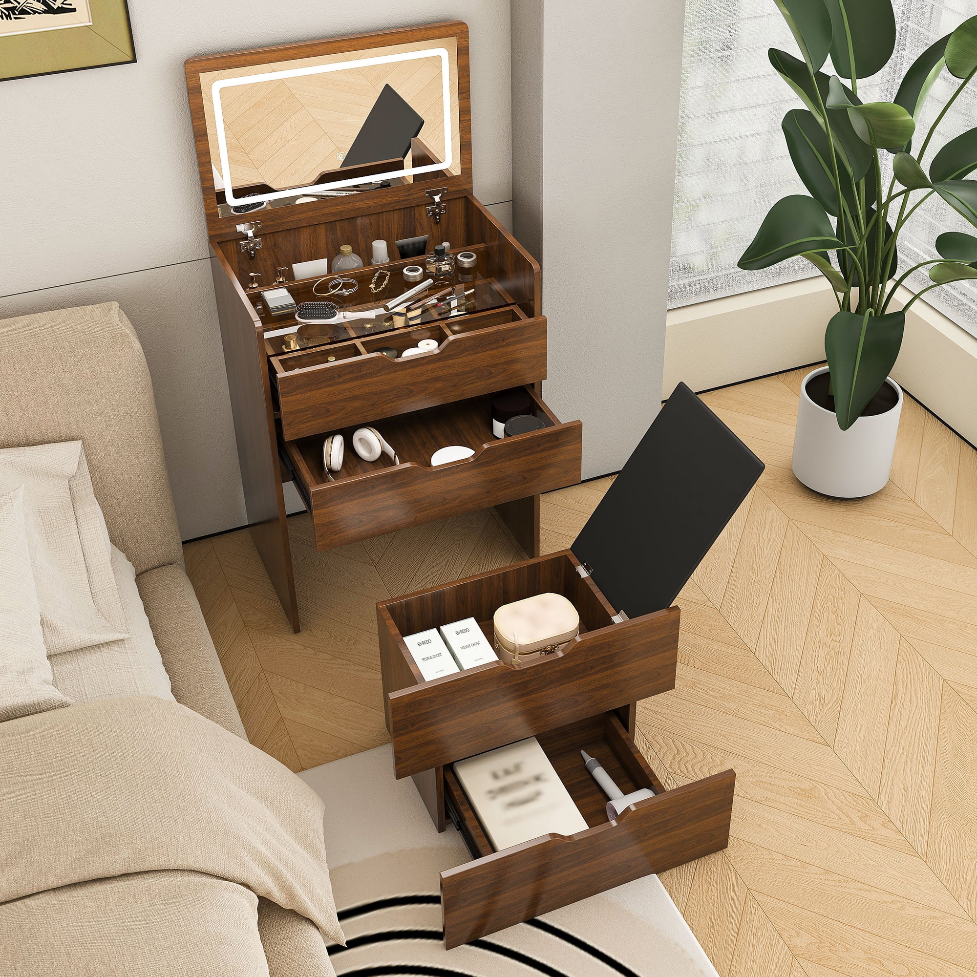 Jopath 3-in-1 Vanity Desk with Mirror & LED Lighted,23.62" W Flip Top Makeup Dressing Table with 4 Drawers for Bedroom,Walnut