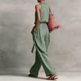 thumbnail image 4 of JULMCOMO Cotton Linen Jumpsuits for Women Halter Deep V Neck Casual Rompers Tie Waist Wide Leg Loose Fit Summer Overalls with Pockets Cyan M, 4 of 4