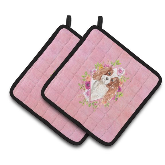 Carolines Treasures CK4248PTHD Blenheim Cavalier Spaniel Pink Flowers Pair of Pot Holders 7.5HX7.5W multicolor