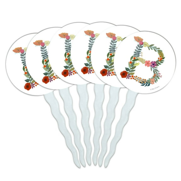 Letter B Floral Monogram Initial Cupcake Picks Toppers Decoration Set of 6