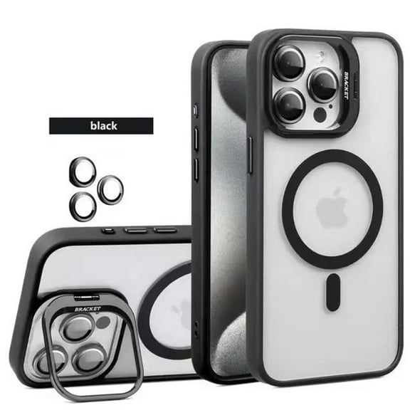 Phone Case for Apple iPhone 15 (6.1") Full Set Clear Hybrid Case with Magsafe Compatible, Raised Camera Kickstand & Lens Protector Ring Cover [ Black ]