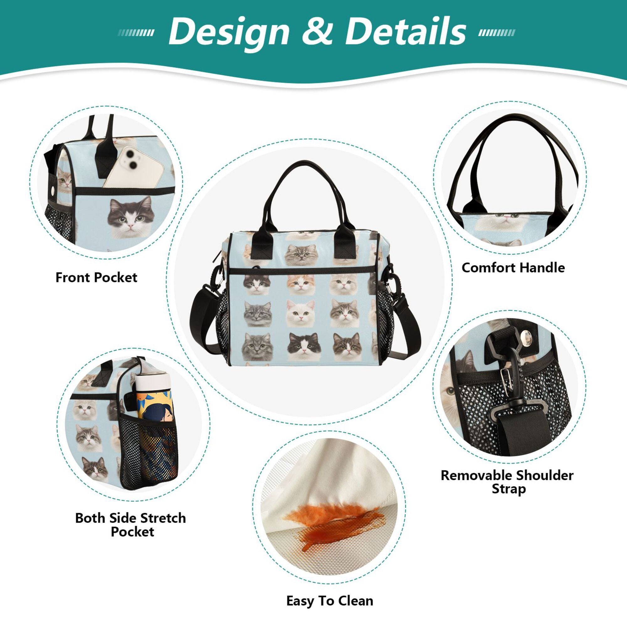 FORMRS Insulated Lunch Bag for Work School Unisex Large Capacity Cooler with Shoulder Strap, Cute Cat Faces