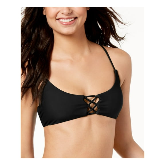 HULA HONEY Women's Black Stretch Scoop Neck Removable Cups Strappy Tie Bralette Swimsuit Top L