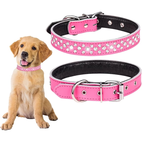 1Pack Rhinestones Pet Dog Collars Adjustable Sparkly Crystal Studded Genuine Leather Pet Collar for Small and Medium Dog 1" Wide