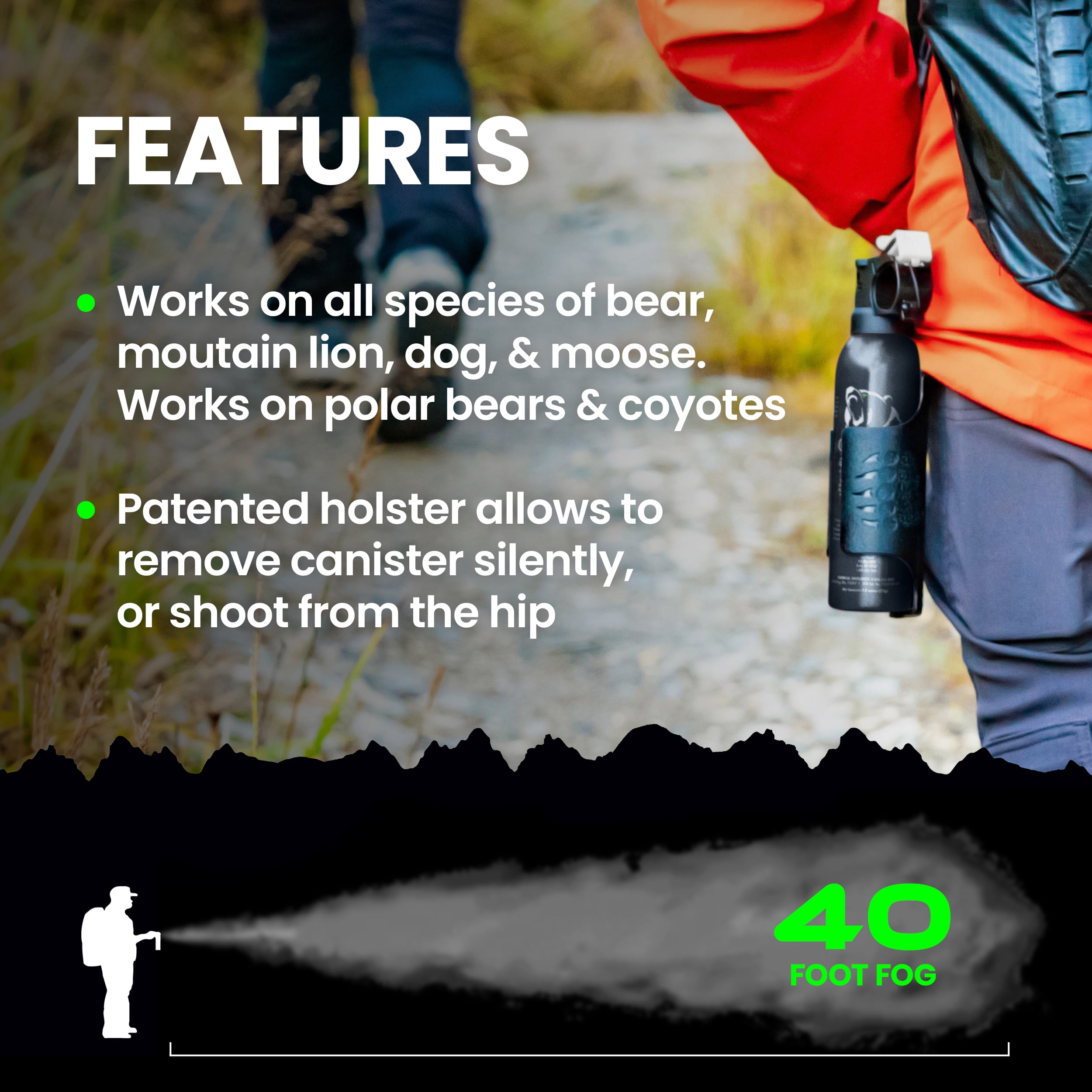 Griz Guard Bear Spray with Holster 40 ft Range, Maximum Strength, EPA-Registered Spray for Bears, Mountain Lions, Coyotes, Dogs, & Moose, Outdoor Hiking & Camping Protection, Glow Safety Clip, 7.9 oz