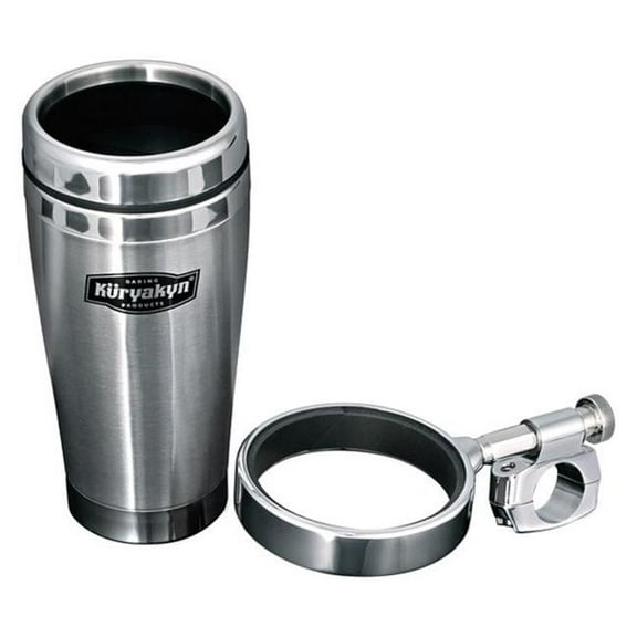 Kuryakyn 1464 Motorcycle Handlebar Accessory: 12 fl oz Stainless Steel Mug with Universal Drink/Cup Holder for Motorcycles with 1" Diameter Bars, Chrome