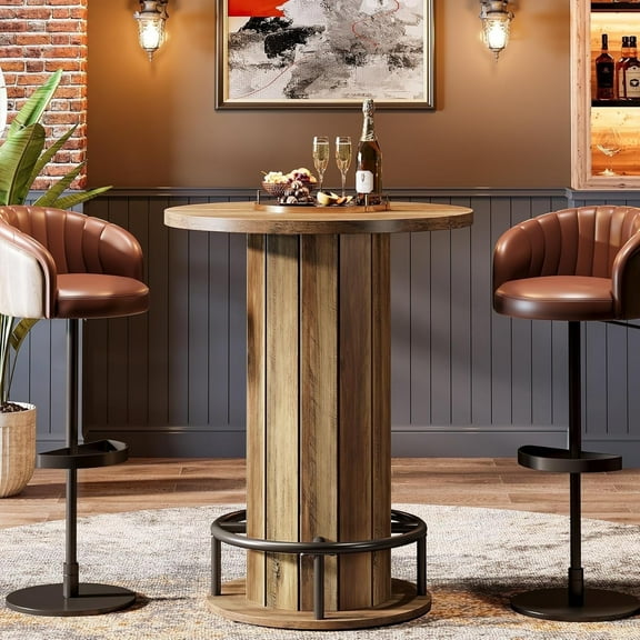 Finmind Round Bar Table, 39.4" H Wood Bistro Pub Table with Metal Ring Footrest for Dining Coffee Cocktail Living Room, Small Space(Only Table)
