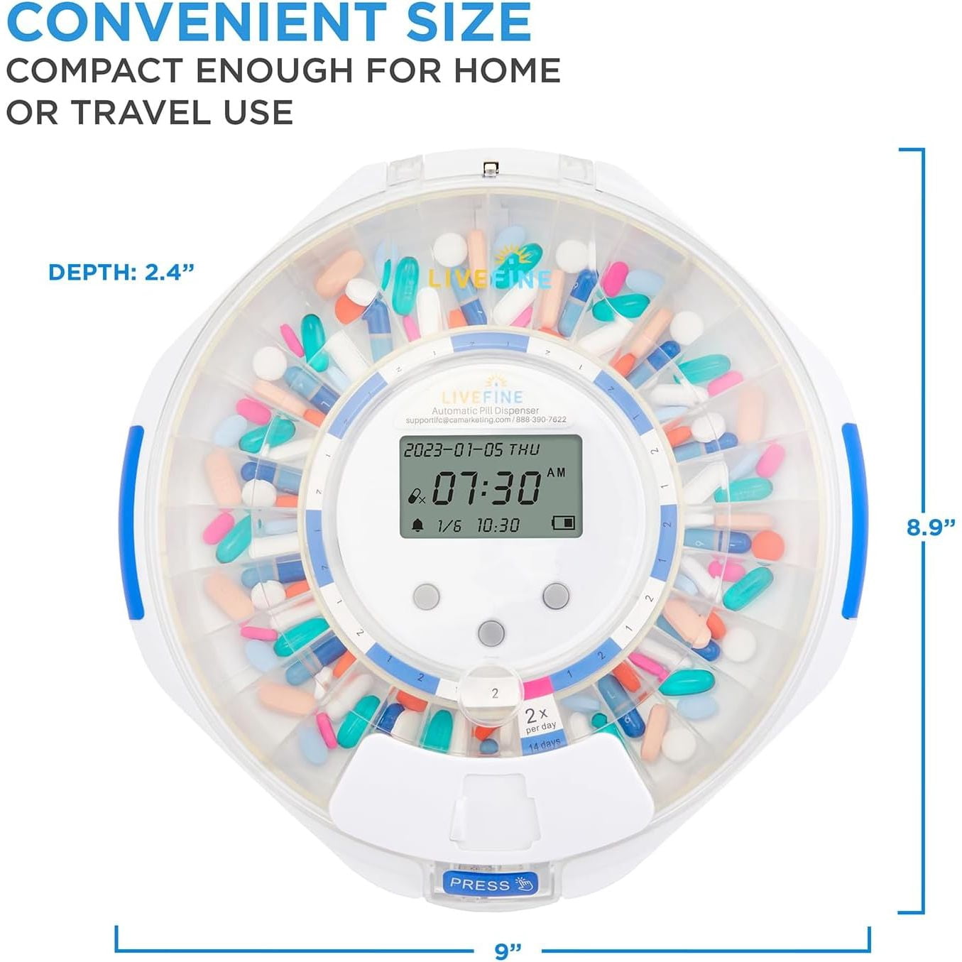 LiveFine Automatic Pill Dispenser 28-Day Organizer with 6 Dosage Rings LCD Alerts Key & Magnifier