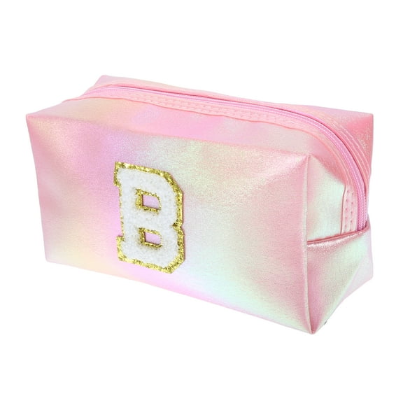 1 Pc Women Durable Letter B Cosmetic Bag for Vacation Outdoor Activities Pink PU Leather