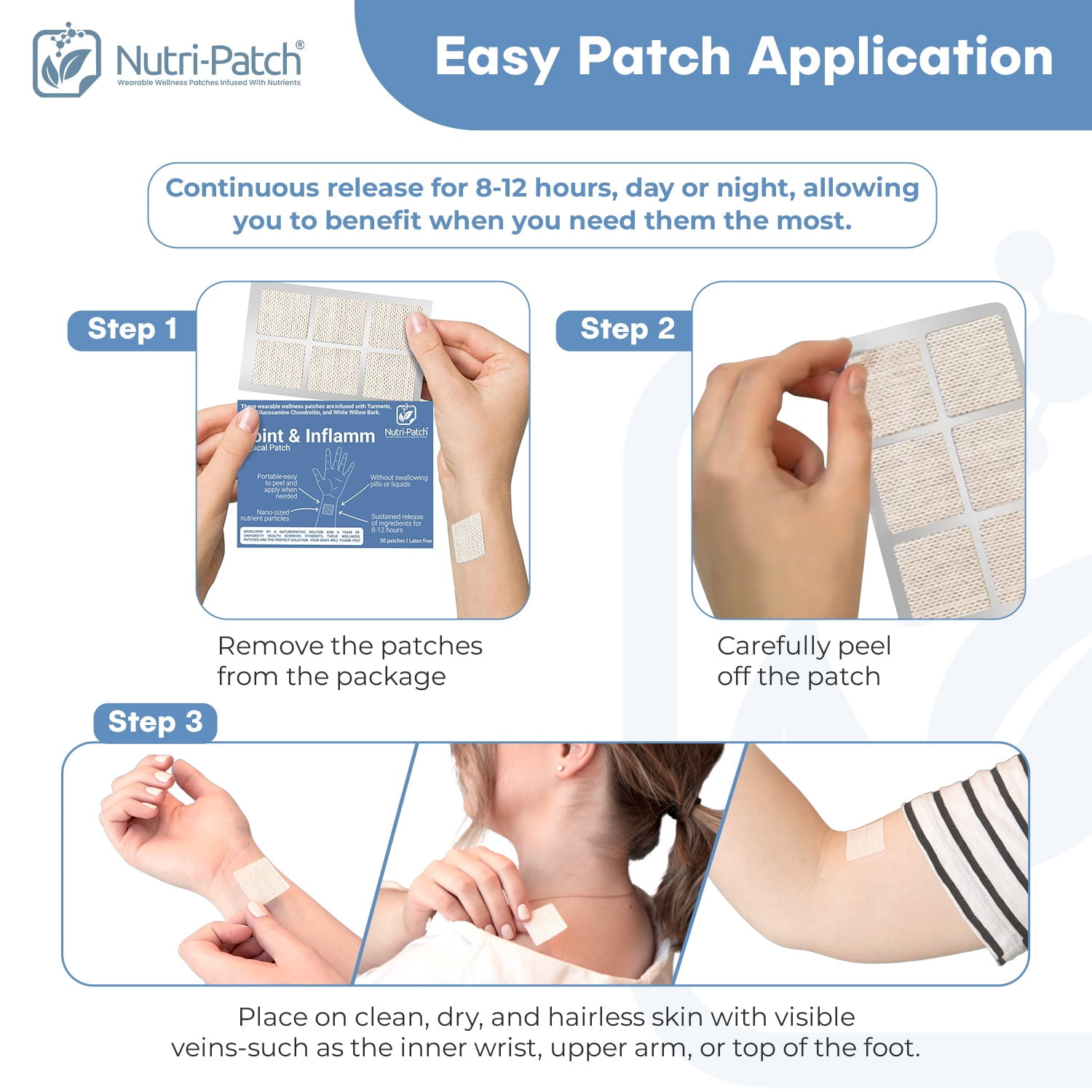 NUTRI-PATCH Joint & Inflamm Skin Patches with MSM, Glucosamine, Turmeric and White Willow Bark - Sustained Vitamin Release (30 Ct)