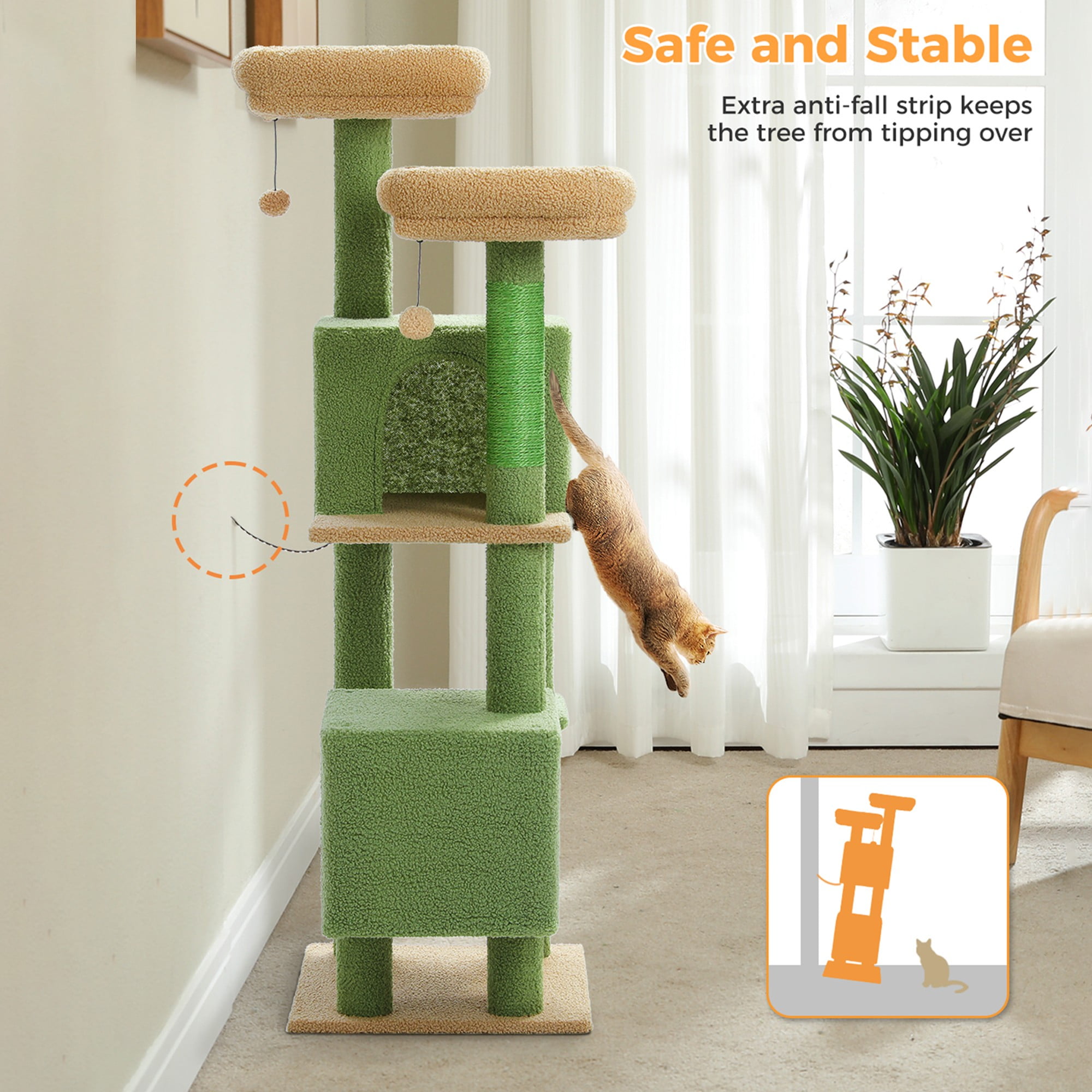 resenkos 52" Cat Tree Tower with 2 Scratching Posts, 2 Perches, 2 Caves, Pompoms, Multi-Level Plush Cat Condo for Indoor Cats, Green