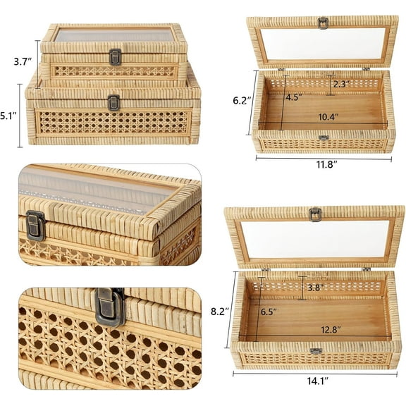 Rattan and Cane Stacking Boxes with Glass Top Lid - Set of 2 for Boho, and Rustic Farmhouse Decor