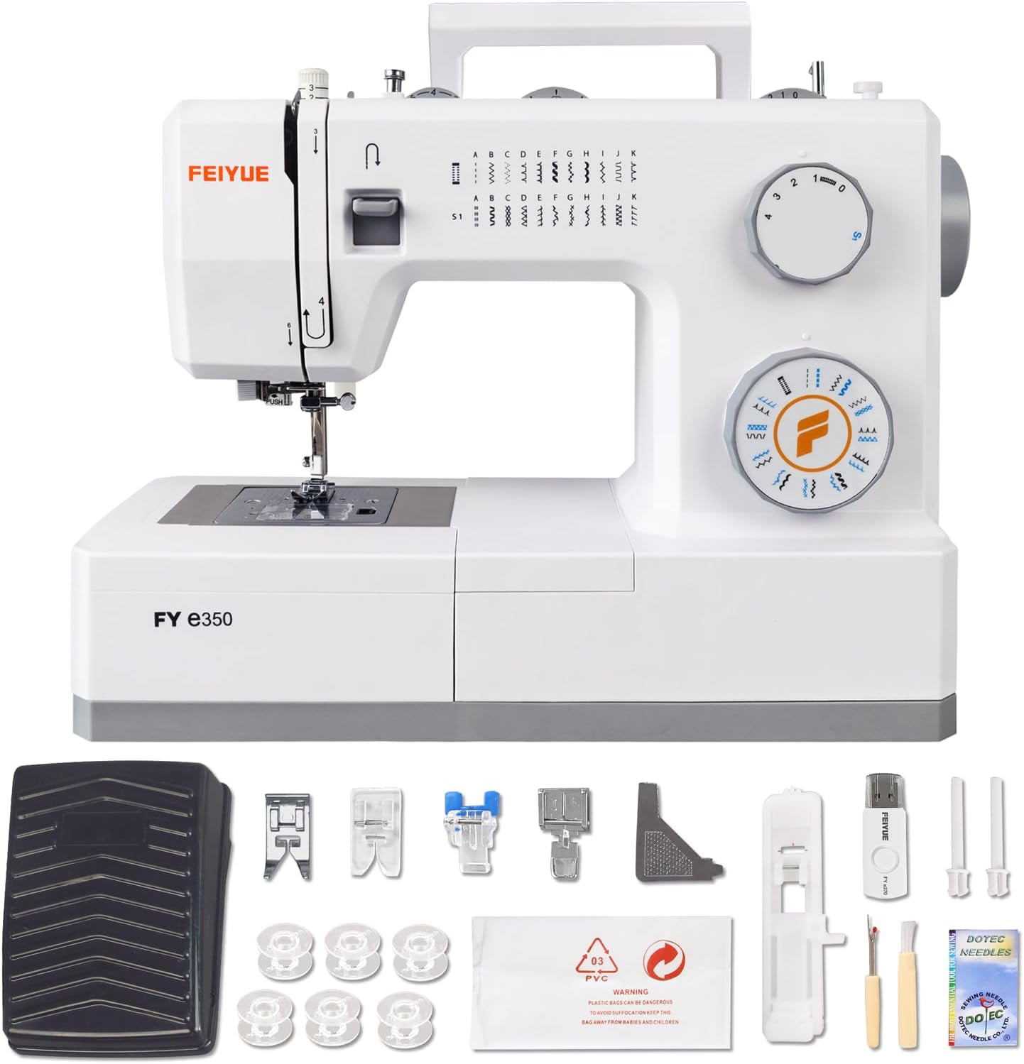 FEIYUE FYe350 Beginner Sewing Machine with Multiple Needle Positions, Energy Saving Servo Motor, 23 Built-in Stitches, Heavy Duty & Portables, Factory Serviced